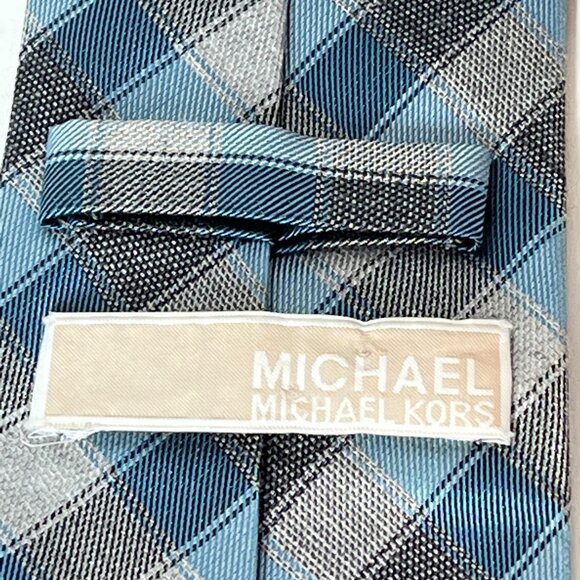 Michael Kors Tie Mens Silk Blend Necktie Blue Gray Plaid Checkered Work Business - Picture 5 of 10